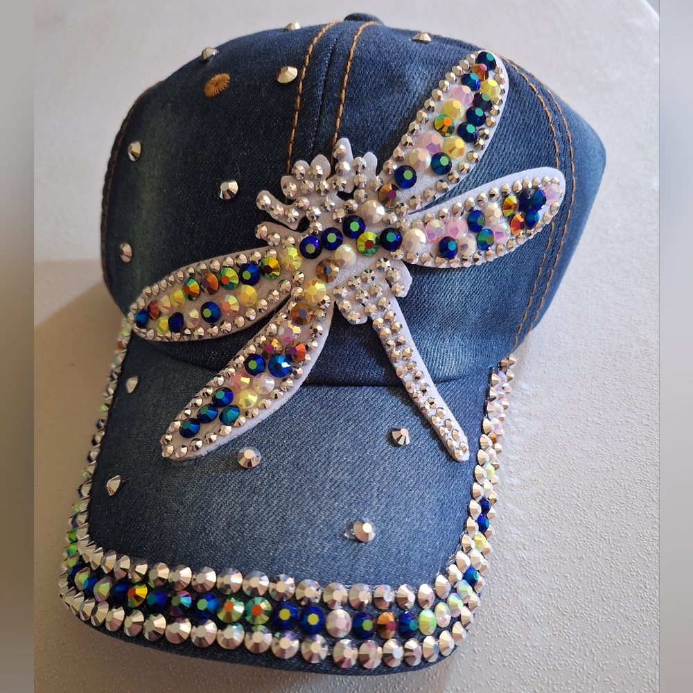 Jeweled Dragonfly Sandblasted Denim Adjustable Baseball Cap
